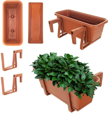 KADAX Fioriera con sottovaso in set, con o senza supporti per fioriera, vaso da balcone in plastica, cassetta per piante, fioriera per ringhiere, vaso per fiori (rosso mattone, 40 cm + supporti)