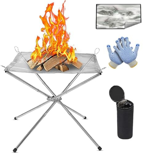 Flintronic Portable Folding Fireplace with Fire Pit Mat & Carry Bag & Gloves, Stainless Steel Mesh Camping Fire Pit for Picnics, Bonfire, Patio, Backyard and Garden
