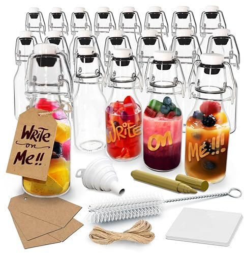 Nevlers Botellas de vidrio con tapa hermética, paquete de 20 botellas de vidrio pequeñas con tapas, juego de botellas de vidrio con tapa abatible con embudo, cepillo de limpieza, envoltura retráctil