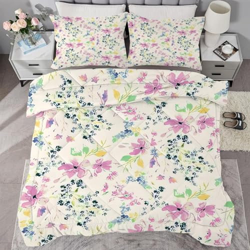 buyluhn Bettdecke 200x200 Blumen Ohne Bezug Nutzbar, 4 Jahreszeiten Bettdecken Anlage Steppdecke Microfaser Ganzjahresdecke mit 2 Kissenbezug，Waschbar Bettzeug für Sommer Winter