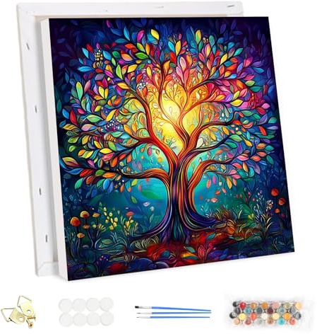 MEIYUDA Malen Nach Zahlen Erwachsene mit Rahmen, Diy Set Erwachsene Bunter Baum des Lebens Bastelset, 3 Pinsels Und Acrylfarbe Diy Handgemalt öLgemäLde Kit Als Geschenk und Home Haus Deko 30x30cm