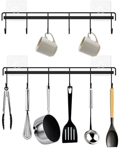 Minicoco 2PCS, Utensil Hooks for Bathroom & Bedroom Storage, Heavy Duty Black Hanging Rack, 6-Hook Wall-Mounted Space-Saving Organizer, No-Drill Adhesive Kitchen Damage-Free Installation