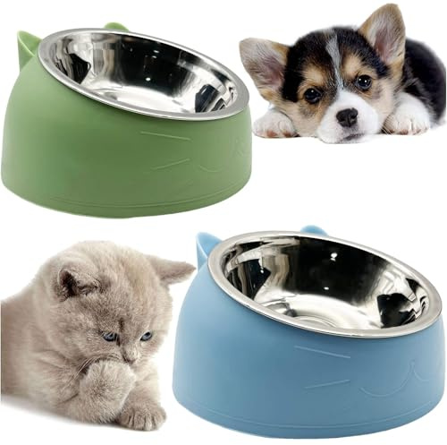 kathson 2PCS Raised Cat Bowl Tilted 15° Slanted Elevated Bulldog Feeder Non-Spill Dog Kitten Food Dish Anti-Slip Detachable Pet Stainless Steel Slope Base for Small Pets Blue&Green
