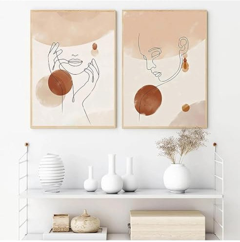 DAMAIART Boho-Wandkunst, abstrakte Frauengesichts-Strichzeichnung, Druck, Dekor, Terrakotta, minimalistisches Poster, Leinwandmalerei, Bilder, Heimdekoration, 60 x 80 cm x 2, rahmenlos