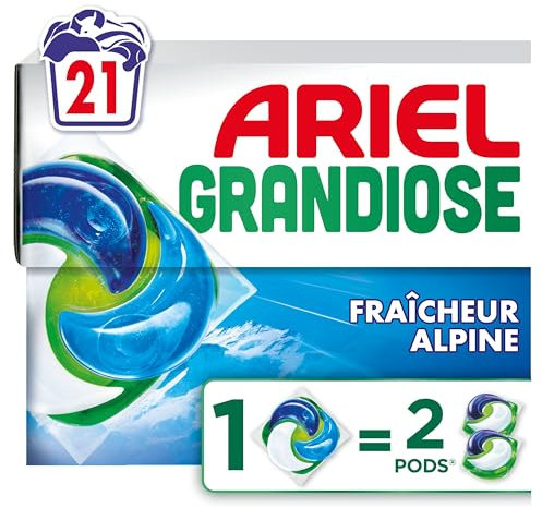 Ariel Grandiose PODS, Lessive Liquide En Capsules 21 Lavages, Fraîcheur Alpine 2 X Action Détachante et Anti-Odeur