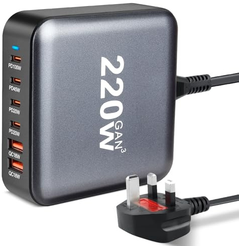 6 Port USB C Charger, 220W Charging Station UK Multi USB Plug PD 100W Fast Charging GaN Charger Station Compatible with for iPhone 15,14,13,12,11, iPad Air, MacBook Pro, Galaxy S22, S23