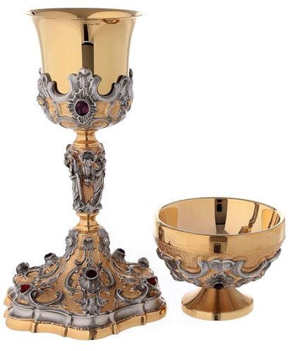 Holyart Cáliz y Copón latón Bicolor con Piedras, PatenaAltura cáliz: 26 cm|Diámetro Copa Cáliz: 8.5 cm|Diámetro Patena: 11 cm
