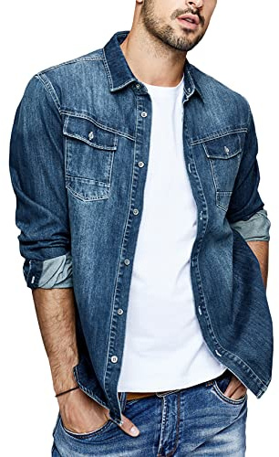 Runcati Herr jeansskjorta långärmad denimskjorta regular fit bomull västerländsk fritidsskjorta lätt övergångsjacka, Mörkblå, M