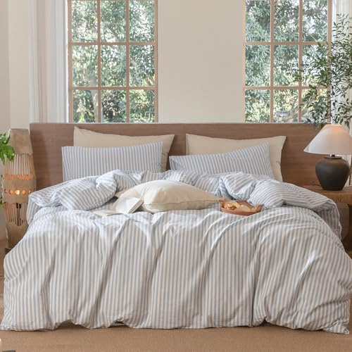 MooMee Striped Duvet Cover Set 100% Washed Cotton Linen Like Textured Breathable Durable Soft Comfy (Cornflower Blue White Classic Stripes, King 104x90)