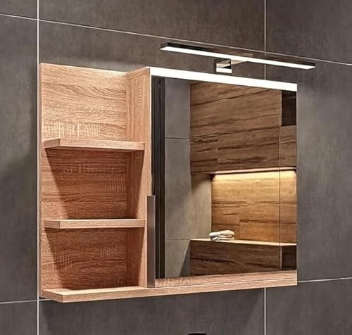 FreshYou Mobiletto a specchio 60x50 sonoma, per il bagno con mensole, specchio da bagno, mobiletto sospeso - da parete, LAMPADA LED - Sinistra