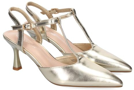 92306 Zapatos de Tacon Fino para Mujer, Elegantes, Punta Fina, Diseno Moderno con Tira en el Empeine y Cierre de Hebilla, Ideales para Primavera-Verano. Oro Talla 40
