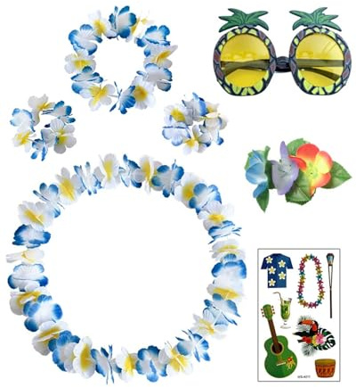 TPZORJX hawaii kostüm damen，7PCS Blumenkette Deko Leis Blumenketten hawaii Ketten Blumen Mit Halskette Stirnband Armband Haarclips Tattoo-Aufkleber Ananasgläser, Luau Blumengirlande FüR Hawaii