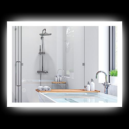 kleankin Specchio Bagno con Luce LED 70x50 cm, 3 Colori Luce, 3000-6500K, Interruttori Touch, Specchio da Parete Antideflagrante con Luminosità Regolabile, Funzione Memoria, Antiappannamento