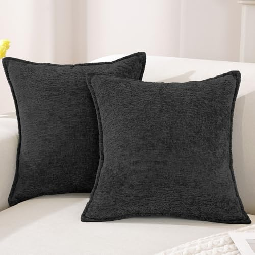 YSTELLAA Chenille Kuddfodral 2 Stycken, 50×50cm, Mjukt Kuddöverdrag Med Osynlig Dragkedja, Tvättbart Fyrkantiga Modern Kuddskydd, Överdrag För Prydnadskudde För Soffa Hem Sovrum, Svart