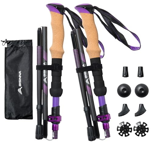 BISINNA Carbon Fibre Trekking Poles, 2-Pack, Lightweight Collapsible Walking Sticks, Quick Lock System (Purple, 95-115cm)