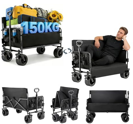 Reenborn Bollerwagen Faltbar Umbaubar zur Bank, Faltbarer Bollerwagen Robuster Camping auf Rädern, Klappbar Strandwagen, Praktischer Einkaufswagen für Einkaufen, Garten, Sport und Angeln (LY008-Black)