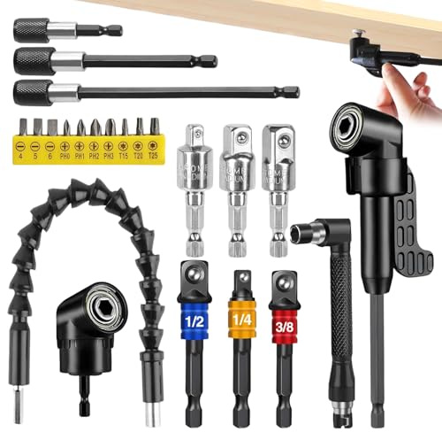 23 Pièces Kit de Renvoi d'Angle Visseuse avec Embout Visseuse et Renvoi d'Angle Clé Prolongateur et Autres Accessoires Idéal pour Réparation Bricolage et Rénovation Maison
