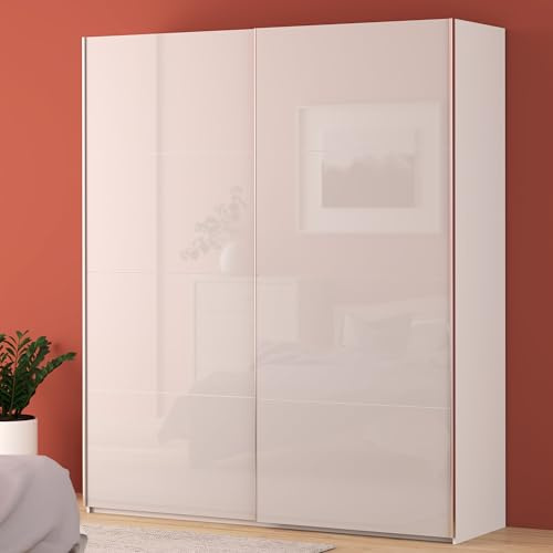 Forte FITTIO Kleiderschrank 200, moderner Schwebetürenschrank, 2-türig, Kleiderstange, Einlegeböden, Schlafzimmer, Holzwerkstoff, Weiß Hochglanz, 200,1 cm breit x 235 cm hoch x 61,2 cm tief