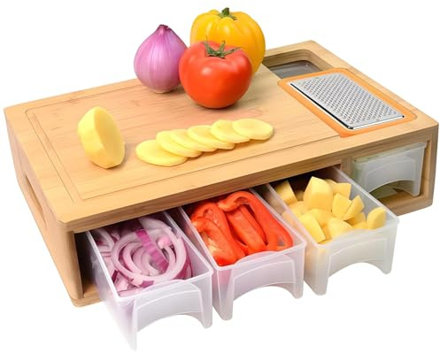 Packool Cutting Board with Containers, Multiuse Wooden Chopping Board Cutting Board Set with Drawers Slicers Graters for Kitchen