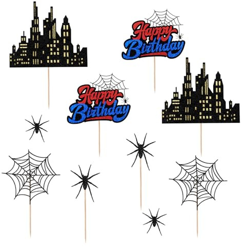 Spider Birthday Cake Toppers Set, Spider Web Happy Birthday Cupcake Toppers for Themed Party Favors & Decoration Supplies