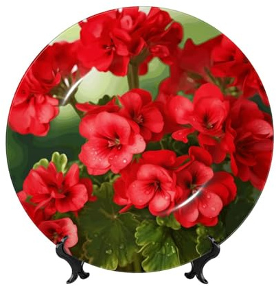 PAQOLSMCKR Dekorativer Teller aus Knochenporzellan, rote Geranien, Keramik, Speiseteller, rote Geranien, dekorative Teller, Ständer, Keramik, Ornament, Kunst, Handwerk, Porzellanteller für Wohnzimmer