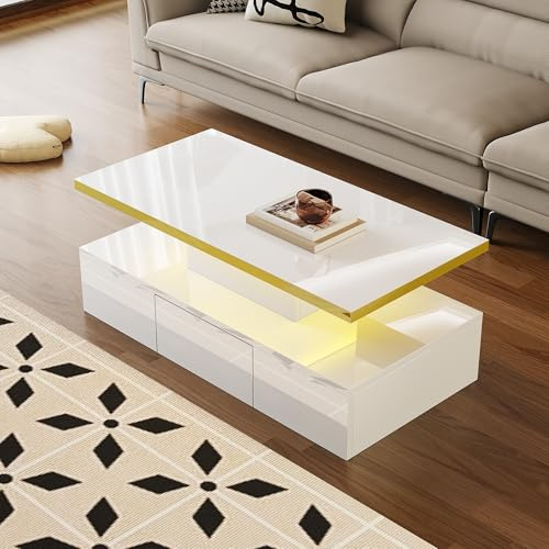 OKMYHOME Table Basse Moderne avec LED et Tiroirs - Plateau laqué Brillant - Panneau de Particules - 100 x 50 x 38,5 cm - Blanc