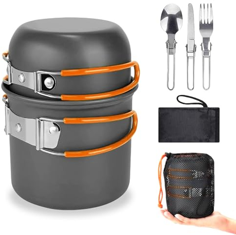 Udbrud Camping Kochgeschirr Set, Tragbar Camping Geschirr Set Ultraleicht Camping Topf Pfanne Set klappbarem Griff Outdoor Topf Große Kapazität für Outdoor Camping Wandern und Picknick,Orange