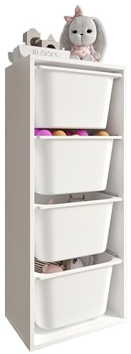 LEOKIDS Spielzeug-Aufbewahrungsbox für Kinderzimmer – Kinderregal mit 4 Boxen, Spielzeugschrank und Bücherregal für Kinder – Spielzeugkisten Organizer (4 Boxen, MDF)