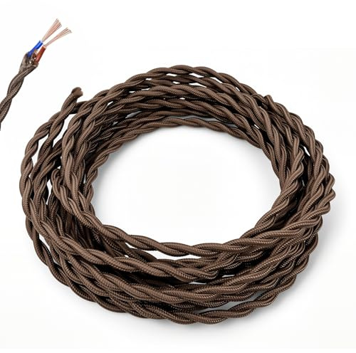 LteelDay 5m Dark Brown Pure Copper Vintage Cable, 2 Core 0.75mm² Flex | VDE certified, double insulated electrical wire. For pendant lamps, retro chandeliers & DIY industrial lighting projects.