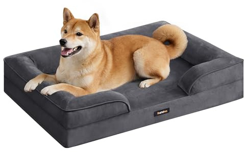 Feandrea Orthopädisches Hundebett, Hundekissen, 89 x 63 x 16 cm | erhöhter Rand, Schwamm, Bezug abnehmbar, waschbar, rutschfest, schiefergrau, BLOMFY Kollektion PGW322GN01