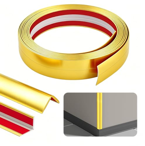 Wandleisten Selbstklebend, 1cm x 1cm x 4m Winkelleiste Selbstklebend, PVC Flexible Weichsockelleiste Kantenschutz, Eckleiste für Türen, Fenster, Wände (Gold)