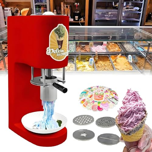 ZMJGLL Eisnudelmaschine, gewerbliche Eisnudelformmaschine, Softeismaschine mit 4 austauschbaren Formen, elektrische Edelstahlpresse, 7,9 Gallonen/Stunde Ausstoß (RED)