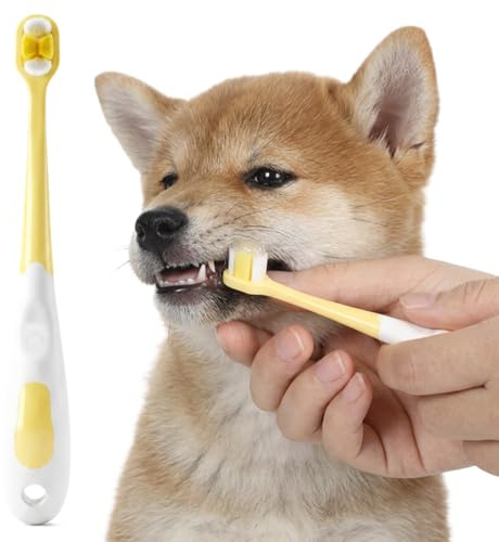 Brosse à dents pour petits chiens - Brosse à dents douce pour chien et chat - Mini brosse à dents réutilisable pour chiots - Jaune - Nettoyage en profondeur