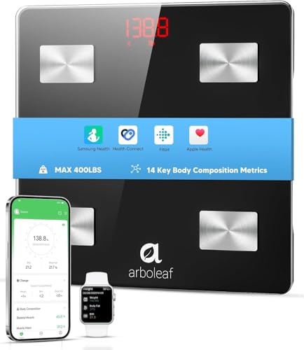 arboleaf Körperfettwaage Personenwaage digital mit APP bis 180KG, Bluetooth Waage für Körperfett, BMI, Gewicht, Pulsschlag, Muskelmasse, Wasser, Protein, Skelettmuskel, BMR, usw.
