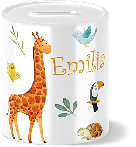 OWLBOOK® Safari Giraffe Kinder Spardose Personalisiert mit Namen Geschenke Geschenkideen für Kinder Baby Junge Mädchen zum Geburtstag Einschulung Taufe Geburt Weihnachten | Sparschwein Sparbüchse