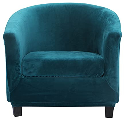 TOPCHANCES Velours Extensible Housse de Fauteuil Club Ensemble de Deux Pièces pour Salon Fauteuil Cabriolet Tub Chair avec Housse de Coussin (Paon Bleu)