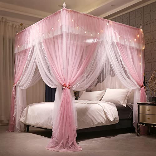 VETHIN 4 Corners Post Ruffle Princess Bed Canopy Curtain-Double Layer Cozy Drape Netting 4 Opening Mosquito Net for Girls Adults Bedroom Decoration (Pink/Whtie,78 W*86 L*82*H/King)