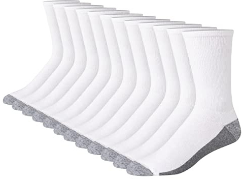 Hanes Mens Max Cushioned Socks, Moisture-wicking With Odor Control, Multi-pack Crew, White/Grey Foot Bottom - 12 Pack, 6-12 US