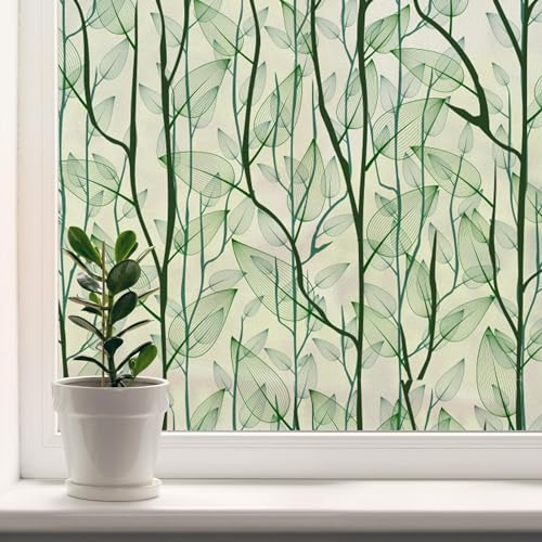dktie Window Privacy Film Static Cling Window Film No-Glue Frosted Window Film Plants Window Stickers, for Home, Bathroom, Kids Room, Bedroom (90 x 200cm)