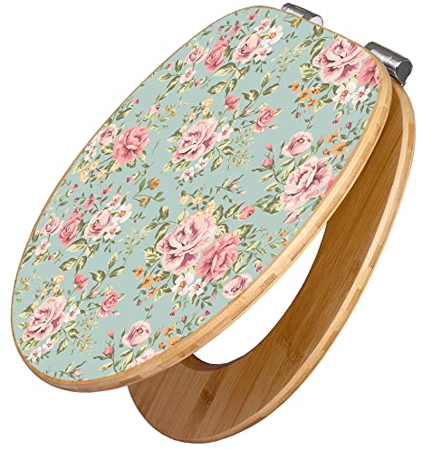 banjado Design WC Sitz Bambus Absenkautomatik 45,8x37,5cm / Toilettendeckel mit Absenkautomatik Holz/hochwertiger Bambus Klodeckel/WC-Sitz für gängigen Toiletten/Motiv Altrosa Blume
