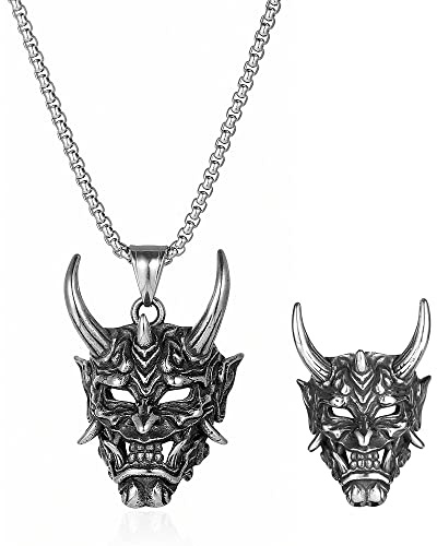 JKJF Juego de 2 collares con colgante de máscara de diablo y anillos, collar de calavera malvada, demonio, fantasma, cuerno, calavera, collar gótico, punk, rock, hip hop, para hombre, color plateado