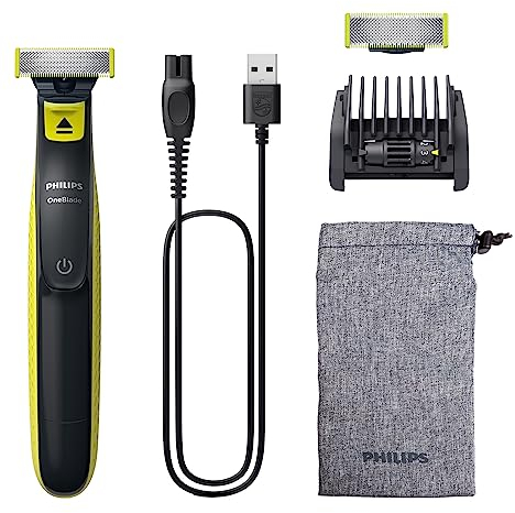 Philips OneBlade Face, Authentic Hybrid Electric Beard Trimmer & Shaver. Incl. 1x Original Blade, 1 x Extra Original Blade (8 Month Supply), 5-in-1 Adjustable Comb, 1x Soft Pouch, Model QP2724/30