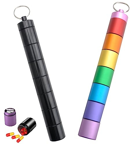 Tablettenbox 7 Tage,2 Pack Pillendose 7 Tage,Regenbogen Medikamentenbox Freier Kombination,Aluminium Tragbare Pillenbox,Wasserdichte Feuchtigkeitsbeständiger für Unterwegs Outdoor Camping-Multi
