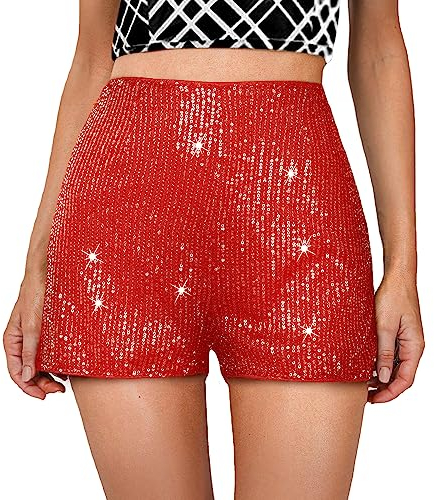 Pailletten-Shorts für Damen, hohe Taille, elastisch, glitzernd, gerades Bein, kurz, Glitzer, funkelnd, Hotpants, einfarbig, Party, Schwarz, Burgunder, M