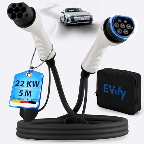 EVify Typ 2 Ladekabel 22kW 5M 32A für Elektroauto & Hybrid inkl. Kabeltasche • Kabel 3 phasig für EV PHEV • geeignet für alle E Autos Modell 3 S X Y, ID3, ID4, ID5