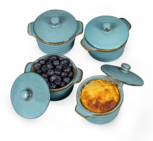 HENXFEN LEAD Mini Cazuela de Gres, Moldes para Soufflé de 230ml con Tapa, Juego de 4 Ramequines Pequeños para Crème Brûlée, Azul Reactivo