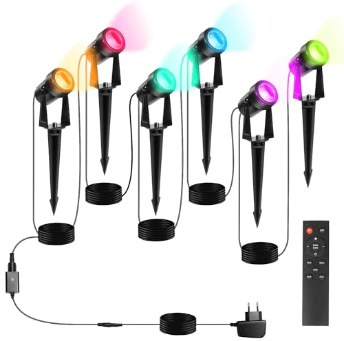 Herrselsam Gartenbeleuchtung LED 6er Set, 6 in 1 Gartenleuchte Wasserdichter 1W RGB Farbwechsel Gartenleuchten LED mit Fernbedienung und Erdspieß, Dekorative Gartenlampe Außen-Strahler Beleuchtung