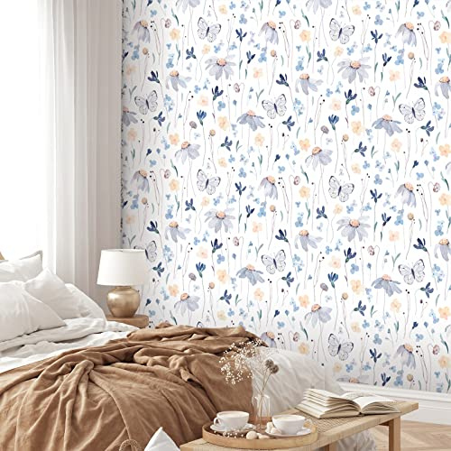 CRE8TIVE akvarell fototapet blommor fjäril tapet för barn 61 cm x 300 cm självhäftande film vit självhäftande tapet sovrum skåpfolie fototapet vardagsrum folie för möbler badrum