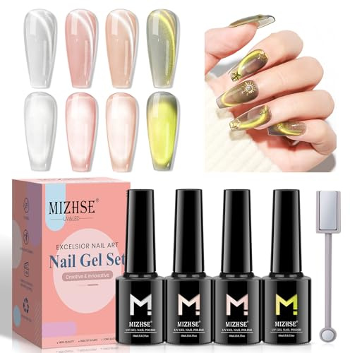 MIZHSE Cat Eye Gel Nail Polish Set 4 Colors Magnetic 9D Holographic Glitter Gel Polish with Magnet Soak Off UV LED Kit for Home DIY Manicure Salon