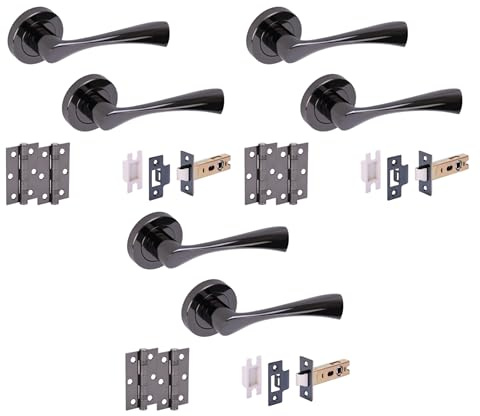 Hunta HANDLEZONE® 3 Sets Zena Internal Door Handles on Rose Lever Latch Packs with Ball Bearing Hinges - Black Nickel